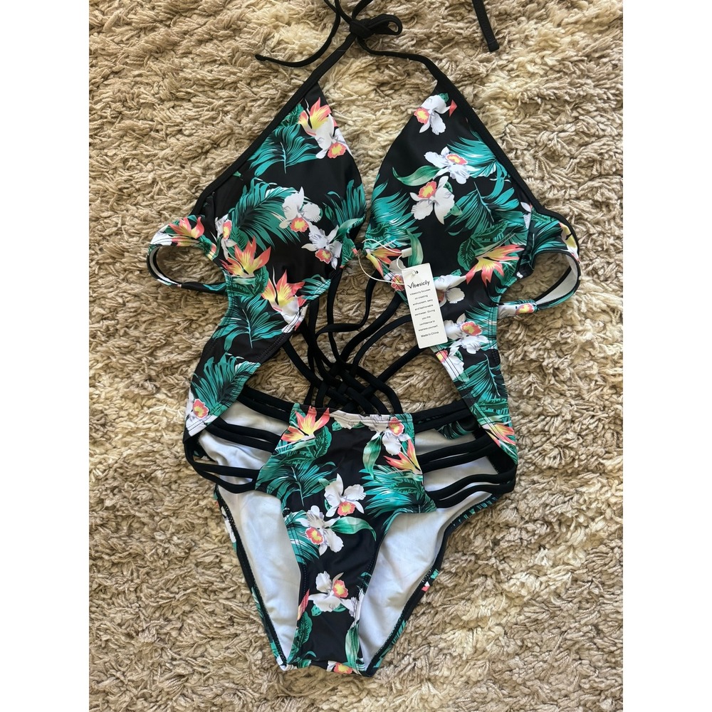 Vibesicily Tropical Floral Halter Monokini Strappy One Piece Swimsuit NWT